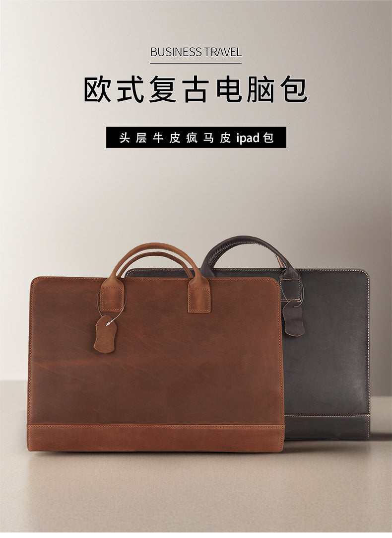 New Genuine Leather Computer Bag for Business Men 15.6inch Vintage Crazy Horse Leather Multifunctional Briefcase Men's Bag