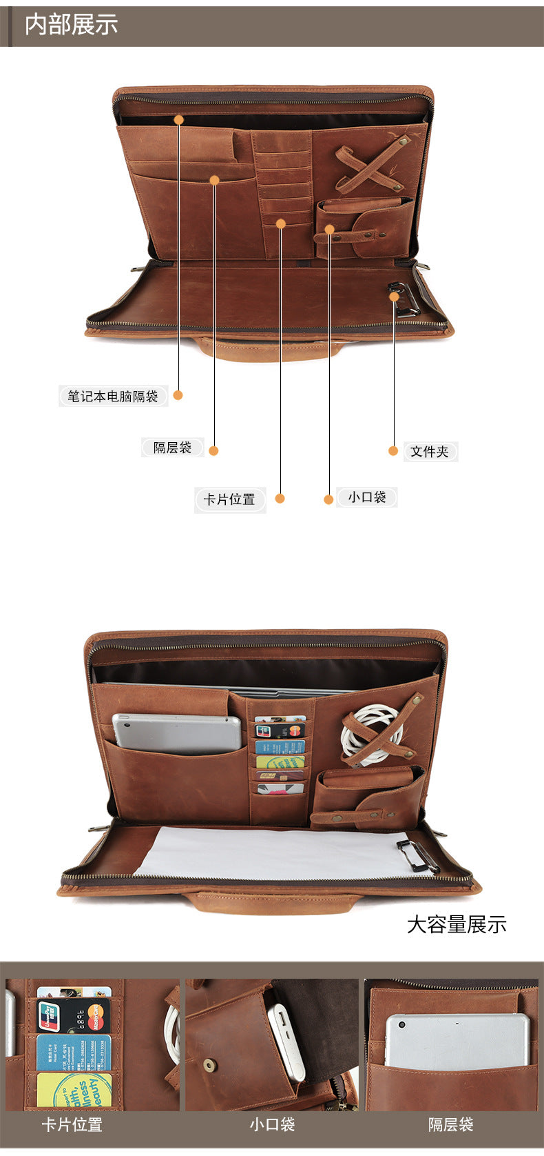 New Genuine Leather Computer Bag for Business Men 15.6inch Vintage Crazy Horse Leather Multifunctional Briefcase Men's Bag