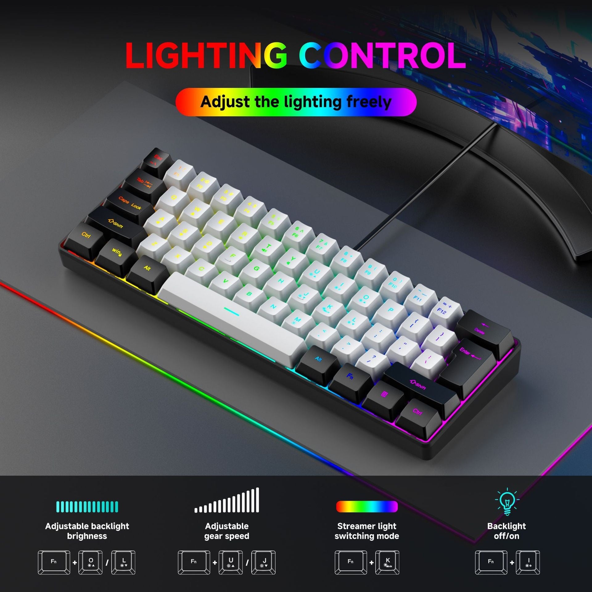 61 key RGB game wired keyboard mouse suit colorful MINI non-mechanical film black and white computer keyboard