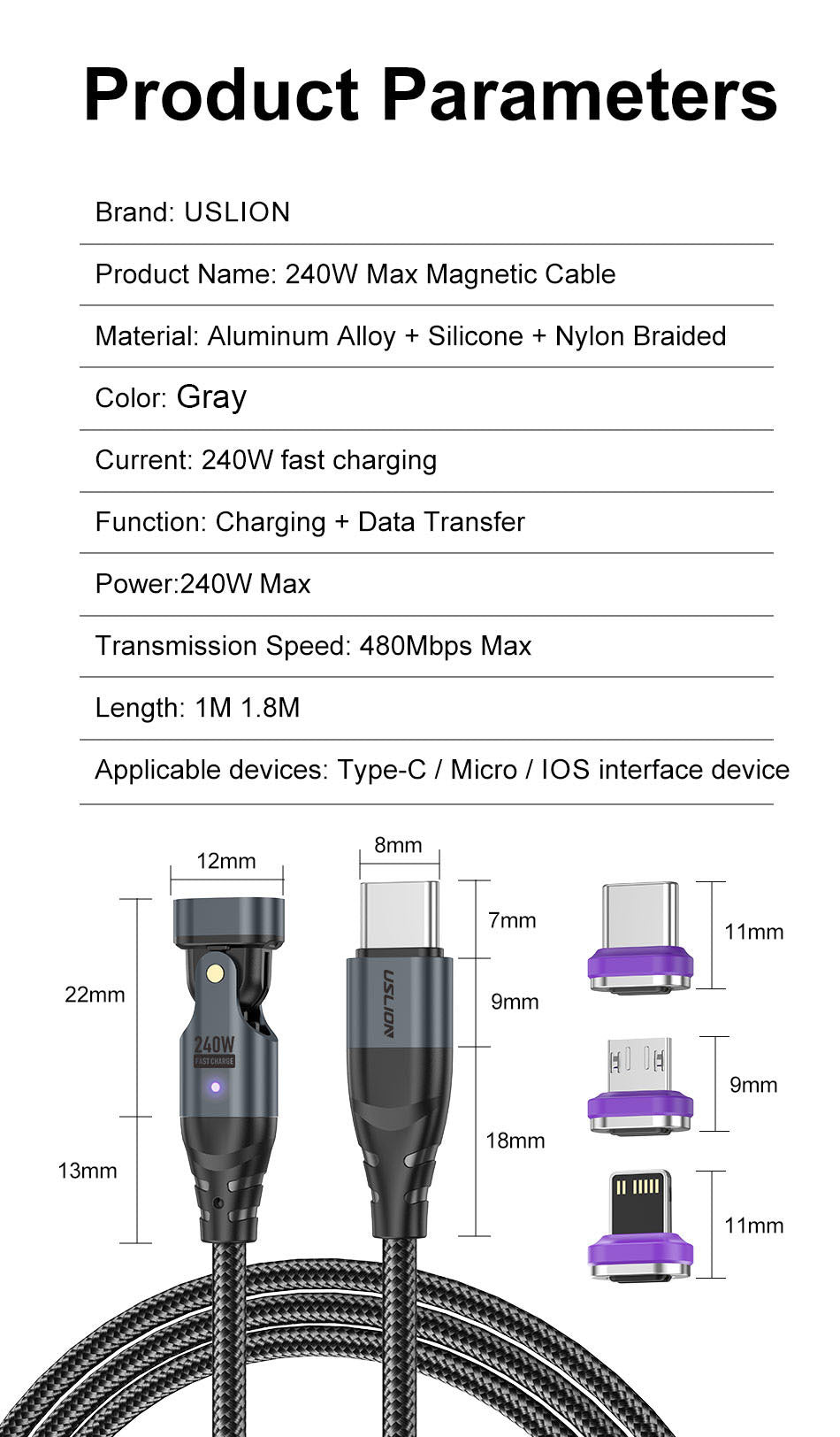 USLION Cross-border New 240W Magnetic Suction Data Line USB-C to C Notebook Computer Mobile Phone PD Fast Charge 5A