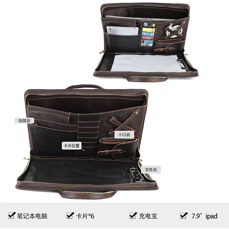 New Genuine Leather Computer Bag for Business Men 15.6inch Vintage Crazy Horse Leather Multifunctional Briefcase Men's Bag