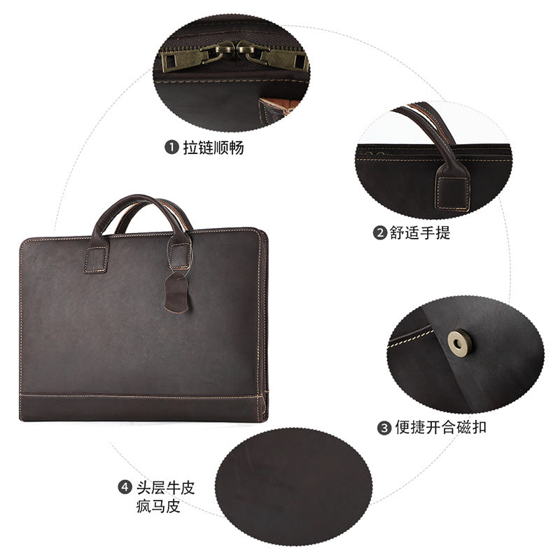 New Genuine Leather Computer Bag for Business Men 15.6inch Vintage Crazy Horse Leather Multifunctional Briefcase Men's Bag