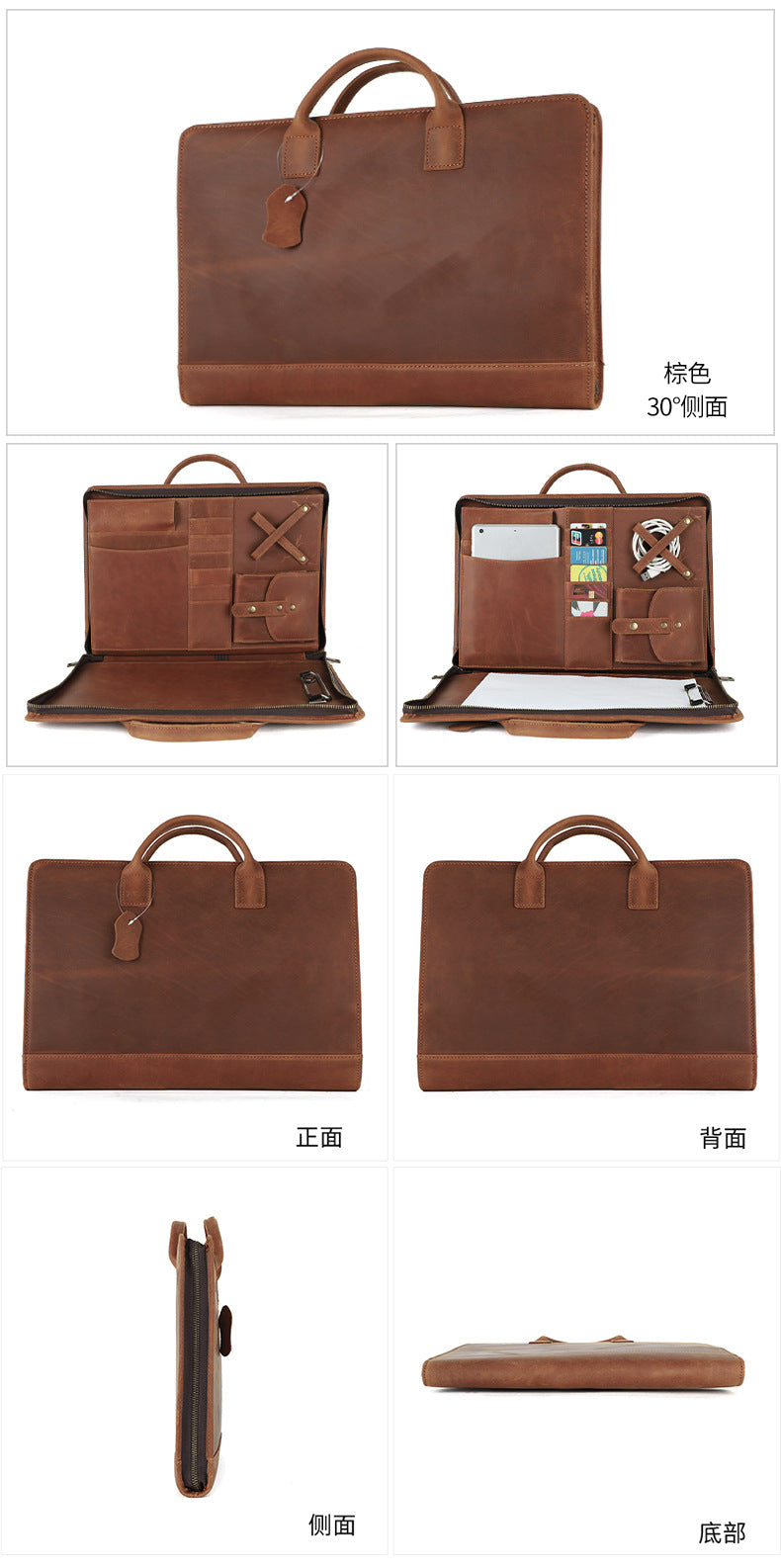 New Genuine Leather Computer Bag for Business Men 15.6inch Vintage Crazy Horse Leather Multifunctional Briefcase Men's Bag